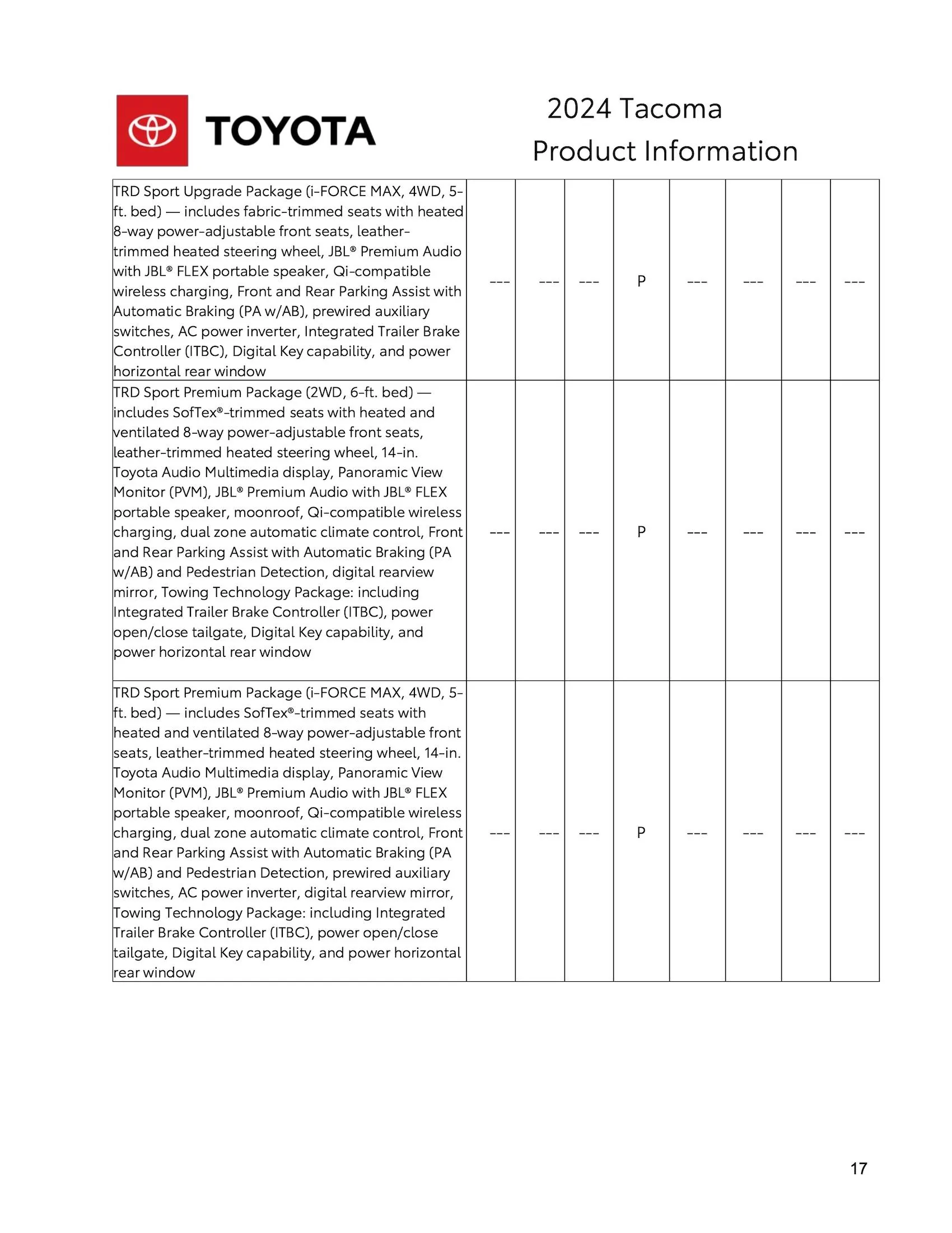 2024 Tacoma Hybrid (i-Force Max) 2024 Tacoma + TRD Pro / Trailhunter SPECIFICATIONS SHEET 2024_Toyota_Tacoma_Product_Information-17