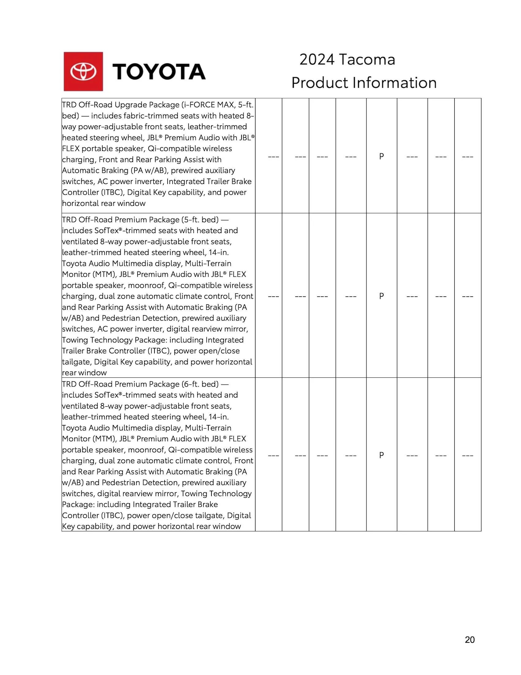 2024 Tacoma Hybrid (i-Force Max) 2024 Tacoma + TRD Pro / Trailhunter SPECIFICATIONS SHEET 2024_Toyota_Tacoma_Product_Information-20
