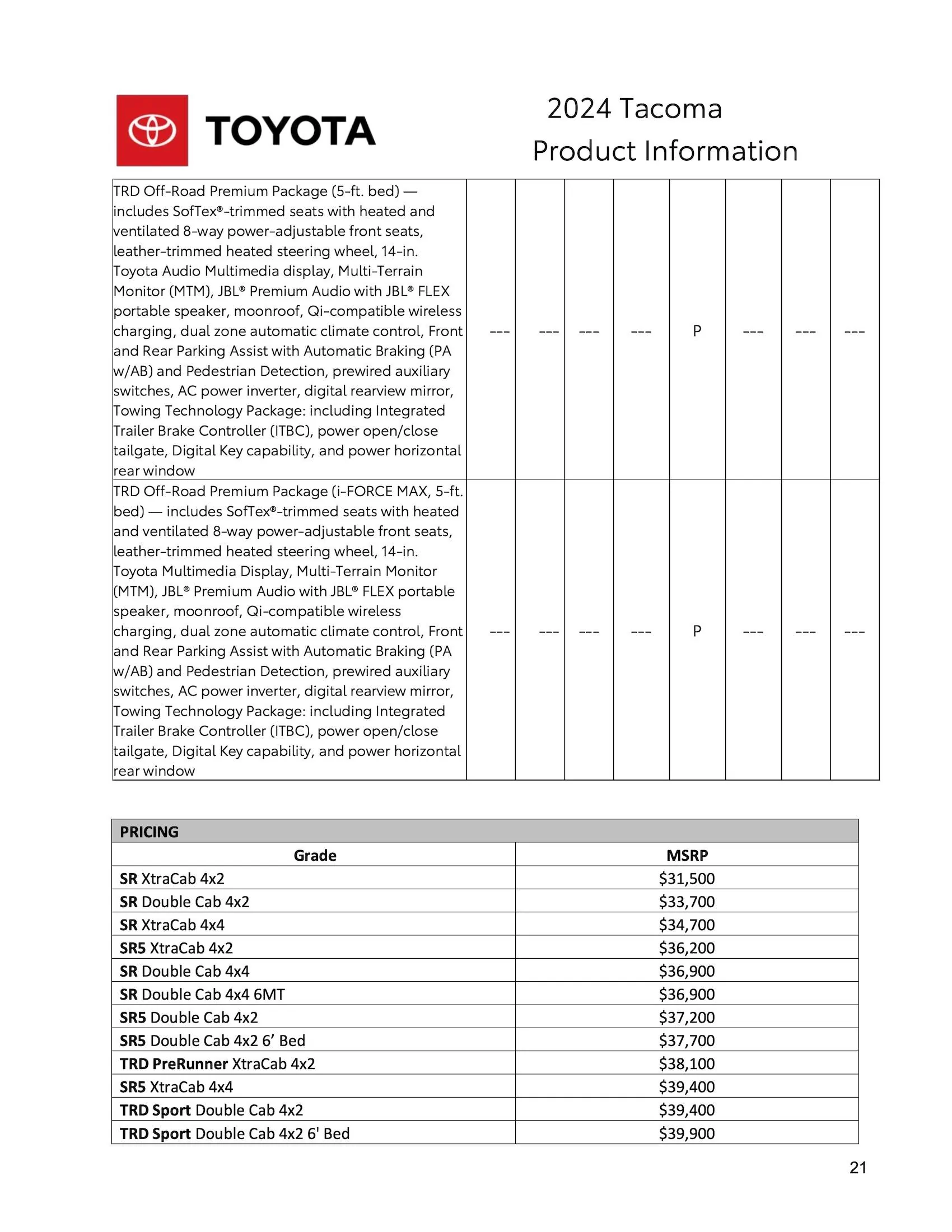 2024 Tacoma Hybrid (i-Force Max) 2024 Tacoma + TRD Pro / Trailhunter SPECIFICATIONS SHEET 2024_Toyota_Tacoma_Product_Information-21