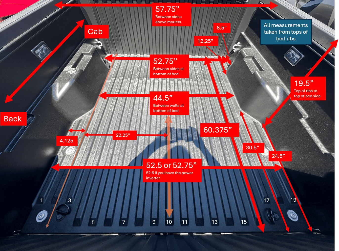 2024 Tacoma 2024 Tacoma (4th Gen) - 5' Foot Bed Measurements - Detailed Dimensions Tacoma2024BedMeasurements