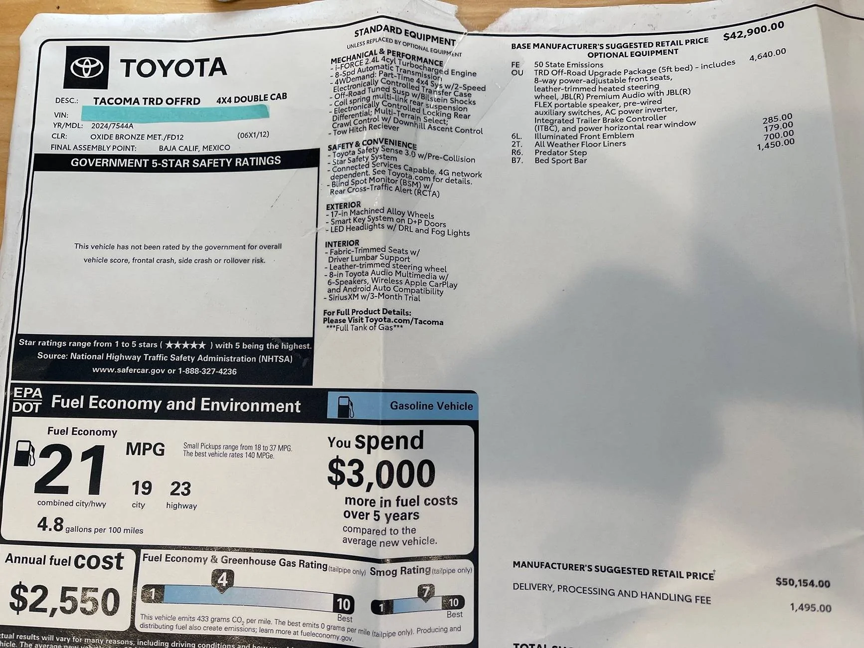2024 Tacoma selling-arb-bed-sport-bar-850-sf-bay-area Toyota_window_sticker_with_pric