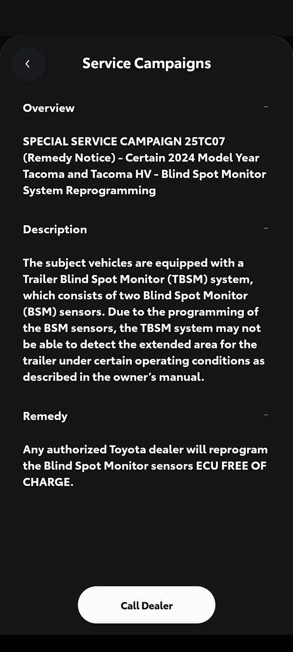 2024 Tacoma Anyone else get a notice to reprogram the blind spot mirrors ? Screenshot_20250503-214009