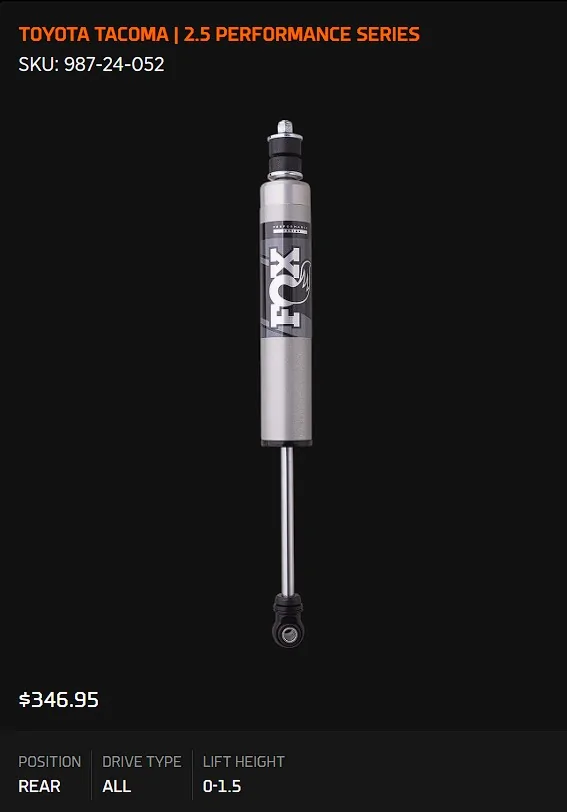 2024 Tacoma Best value mid budget shocks Fox Rear
