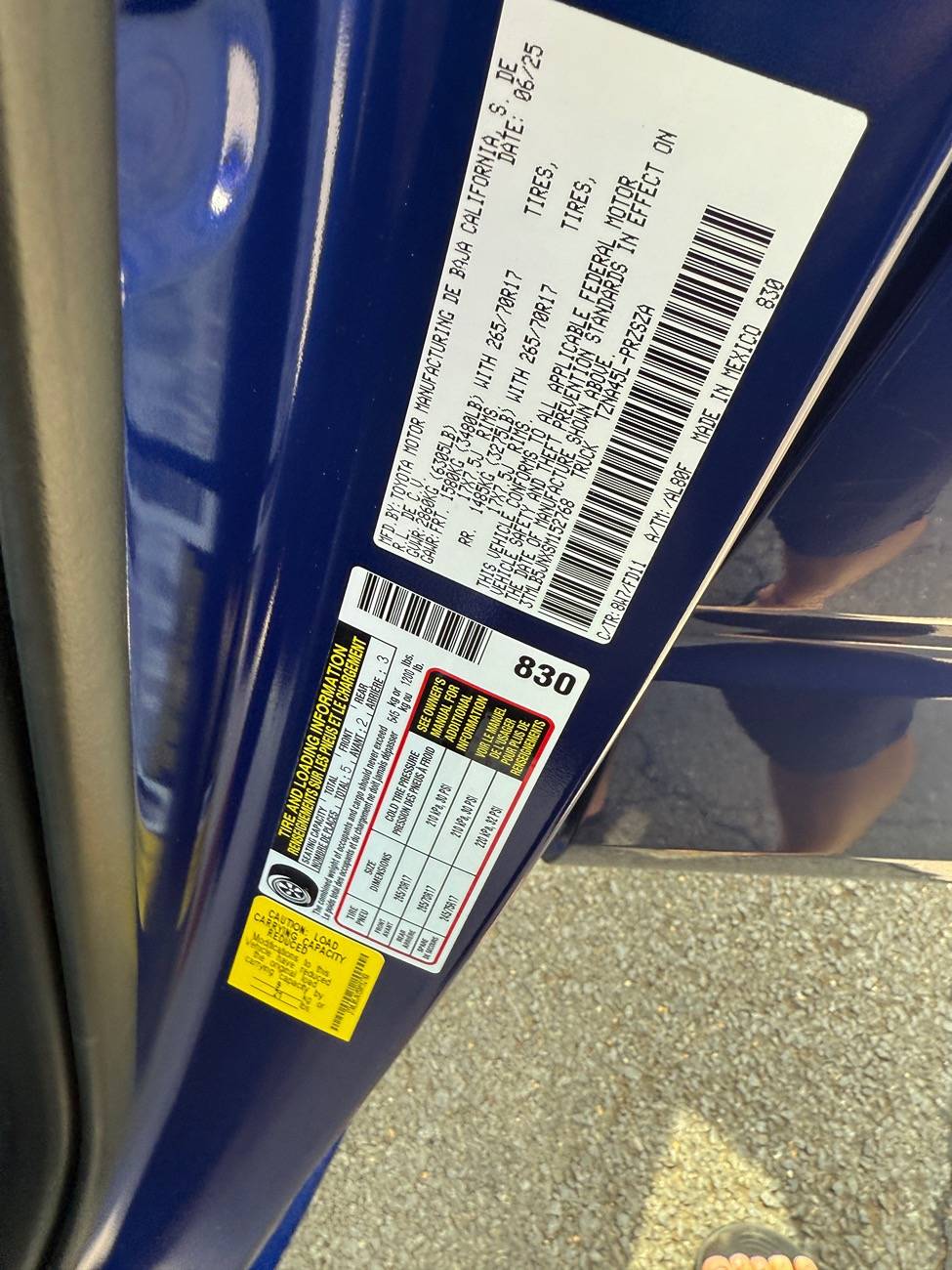 2024 Tacoma Door Sticker Thread (GVWR / Payload / Tire and Loading Figures Label). Post Yours Up TRD OR door.JPG