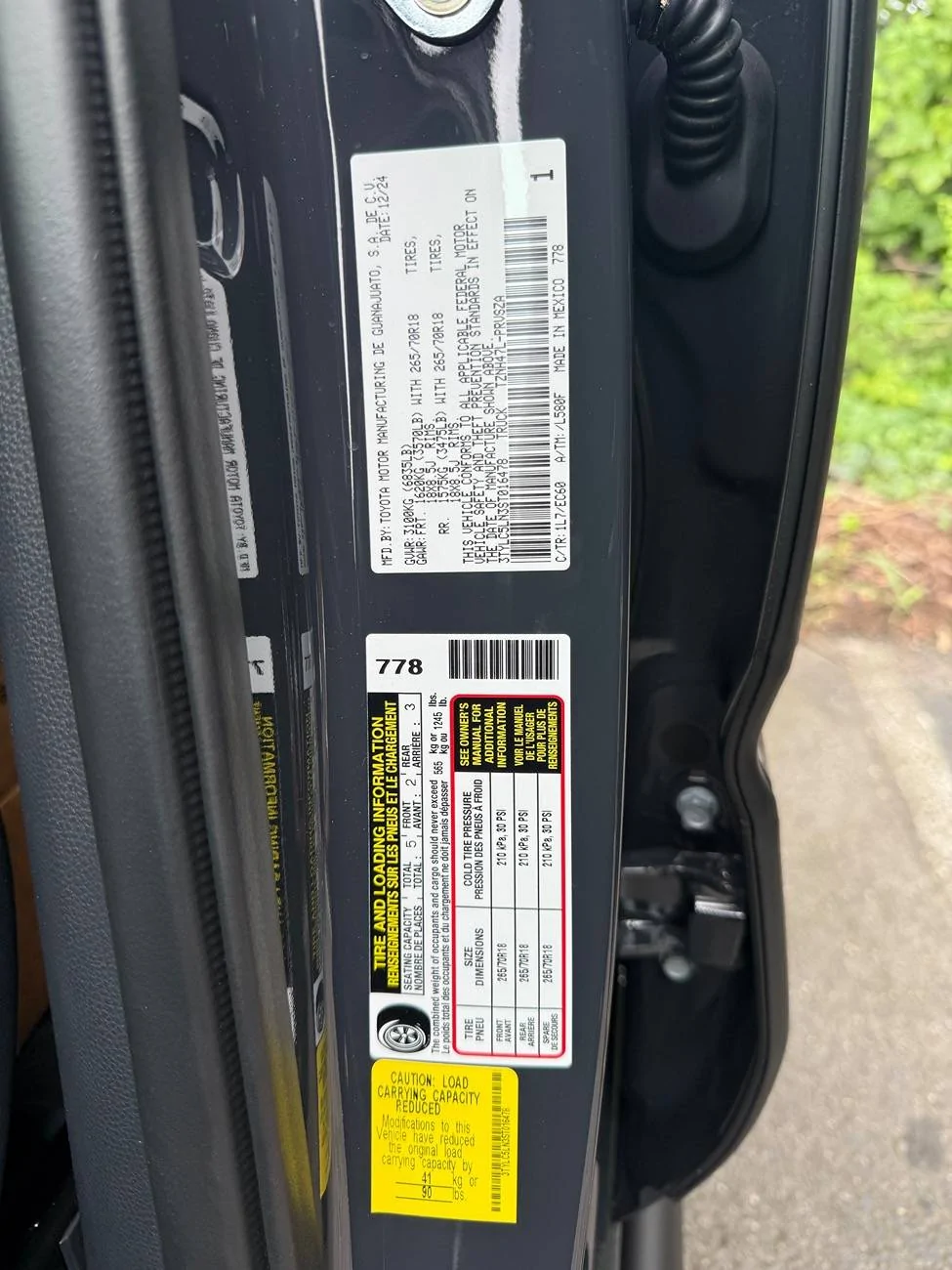 2024 Tacoma Door Sticker Thread (GVWR / Payload / Tire and Loading Figures Label). Post Yours Up IMG_5506