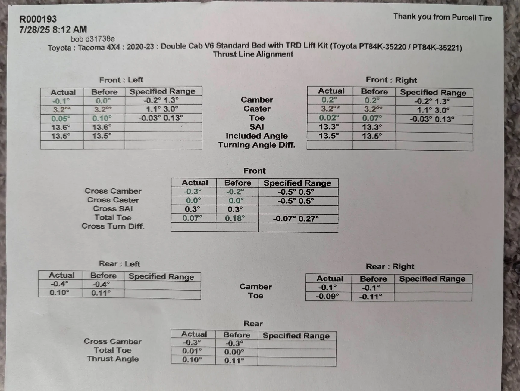 2024 Tacoma Alignment question after 2 inch lift PXL_20250728_223931937
