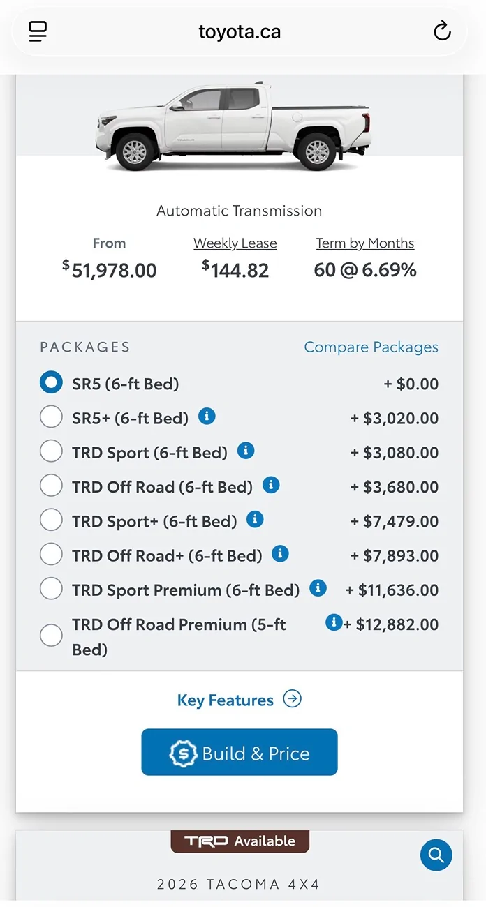 2024 Tacoma 2026 now up on Toyota Canada site IMG_0338