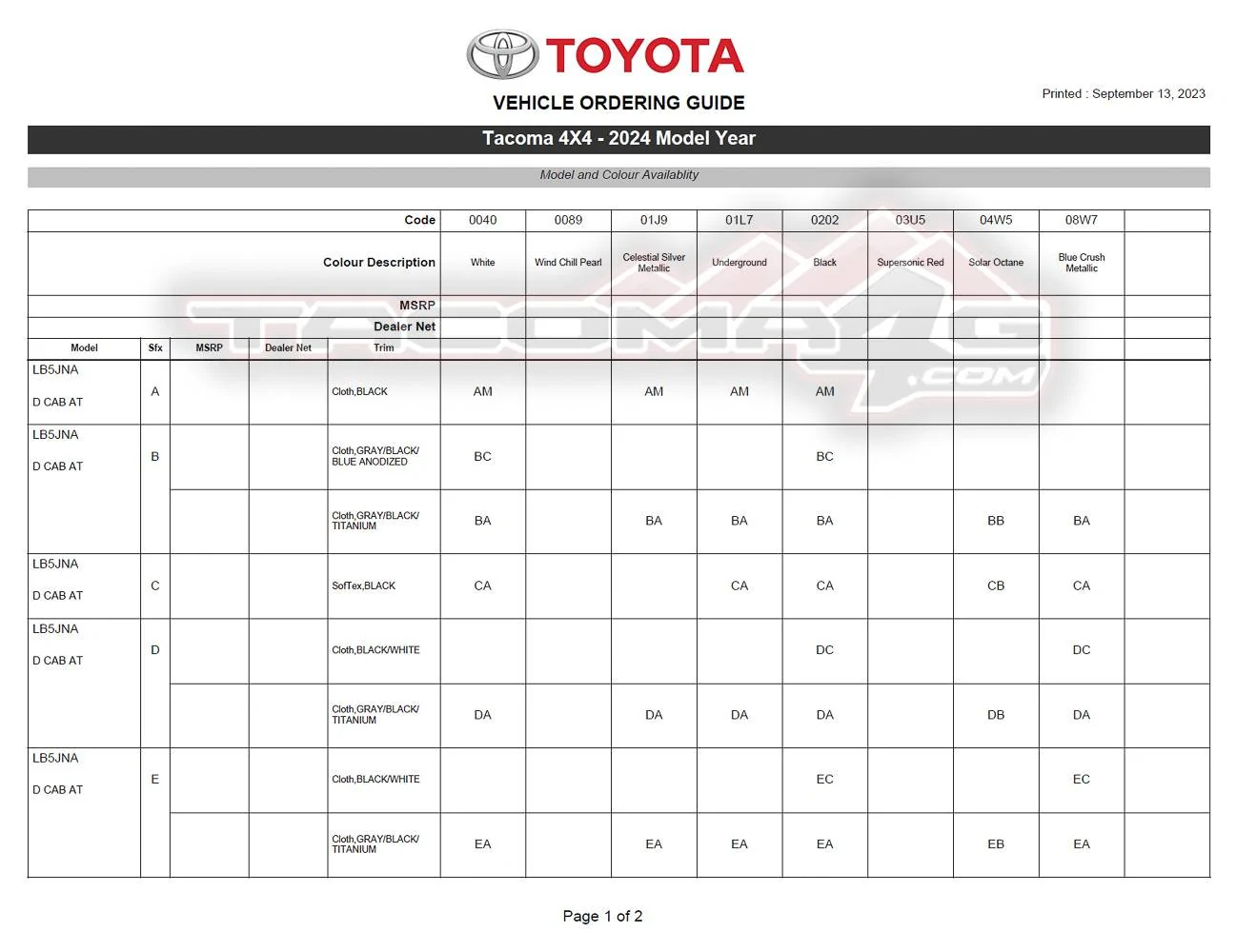 2024 Tacoma 2024 Tacoma Double Cab Gas Models Trim/Packaging Details (Canada) 2024-tacoma-order-guide-canada-9