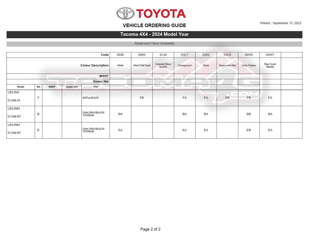 2024 Tacoma 2024 Tacoma Double Cab Gas Models Trim/Packaging Details (Canada) 2024-tacoma-order-guide-canada-10