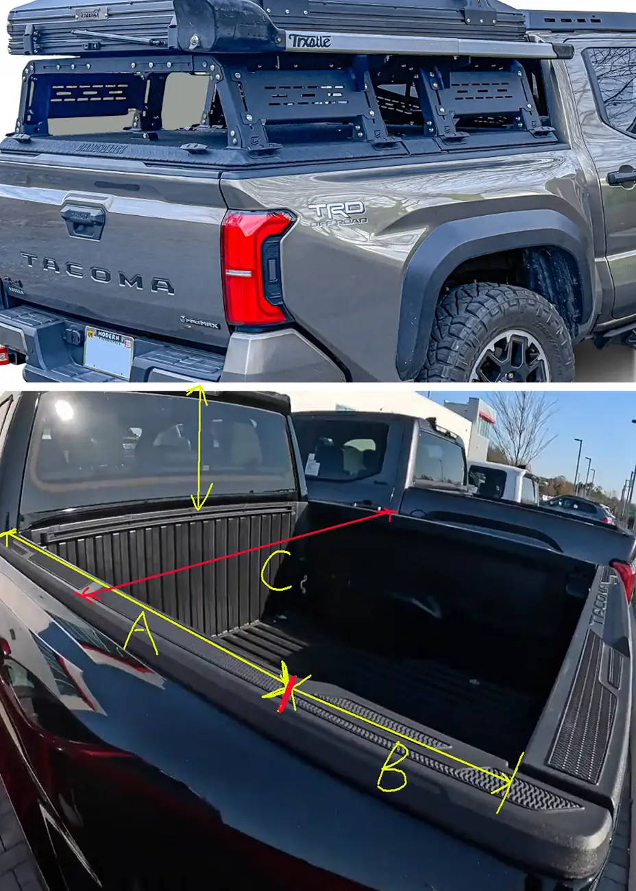 2024 Tacoma Weld a bed rack for 4th Tacoma with a 5ft bed, lack some dimensions. Seeking help......... 11111