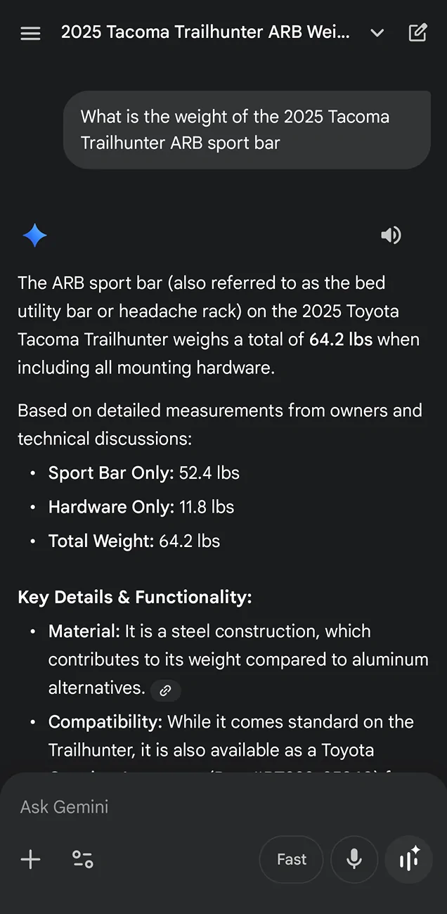 2024 Tacoma weight of the ARB sport bar Screenshot_20260107-125620