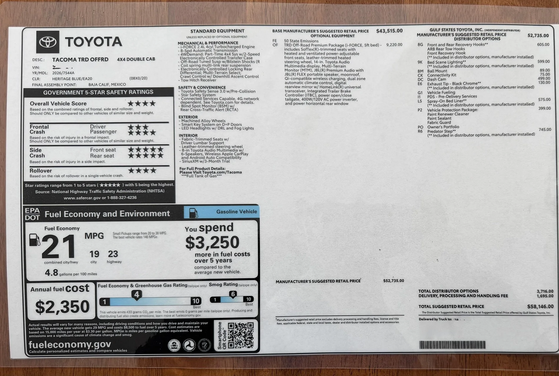 2024 Tacoma 2026 TRDOR Premium didn't come with Key Card sticker2
