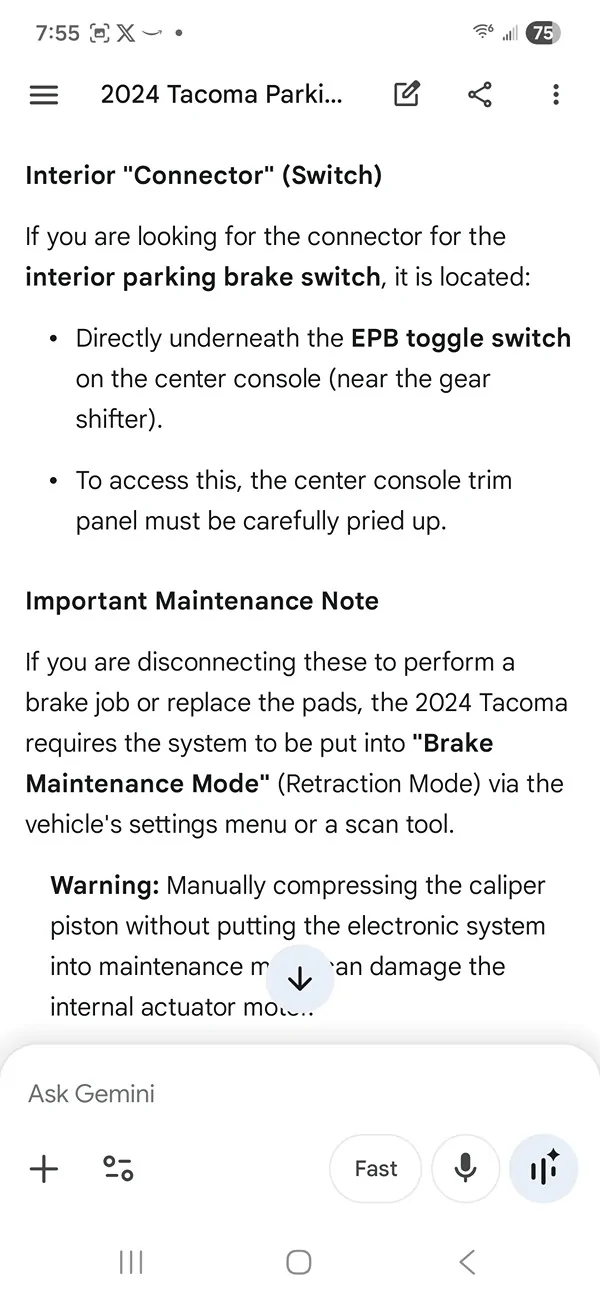 2024 Tacoma Parking Brake connector location Screenshot_20260419_075513_Googl