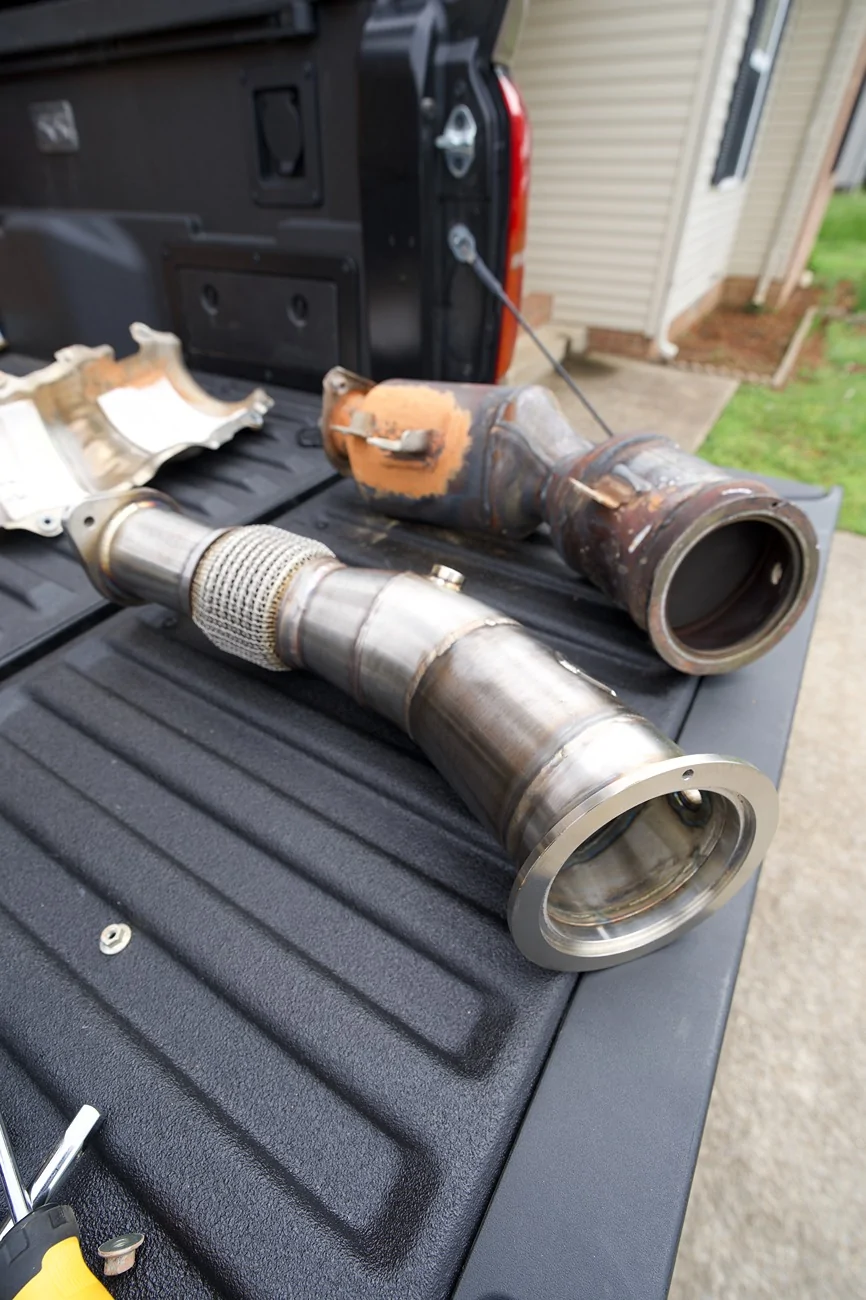 2024 Tacoma OEM downpipe vs. OTT High Flow Catted Down Pipe - side by side comparison DSC01901