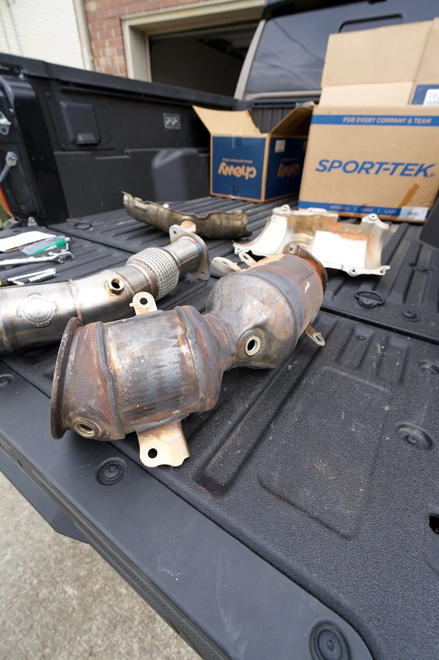 2024 Tacoma OEM downpipe vs. OTT High Flow Catted Down Pipe - side by side comparison DSC01902