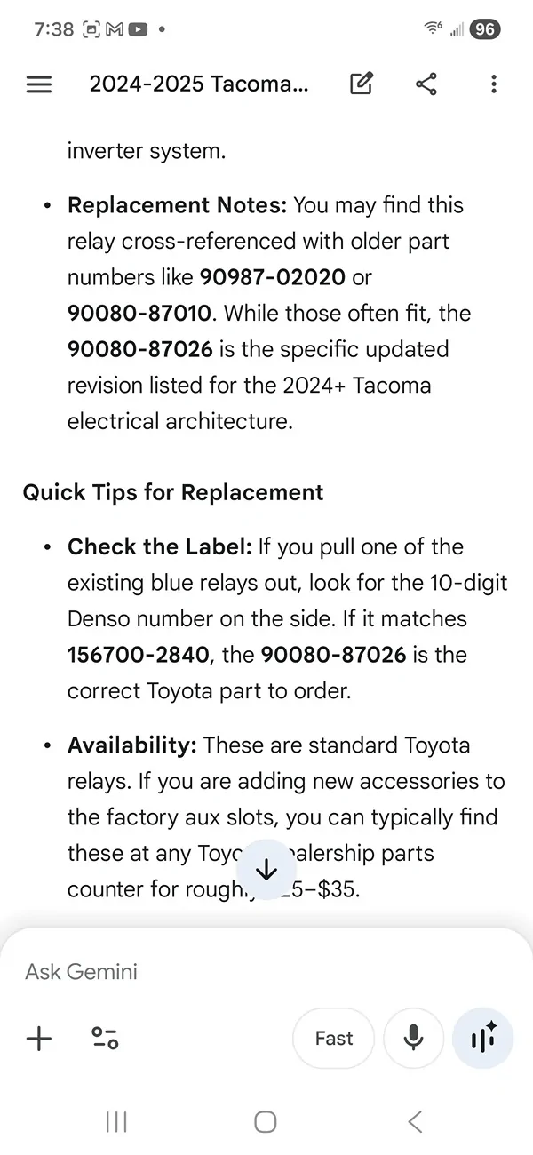 2024 Tacoma OEM Aux Relay # Request Screenshot_20260422_073836_Googl