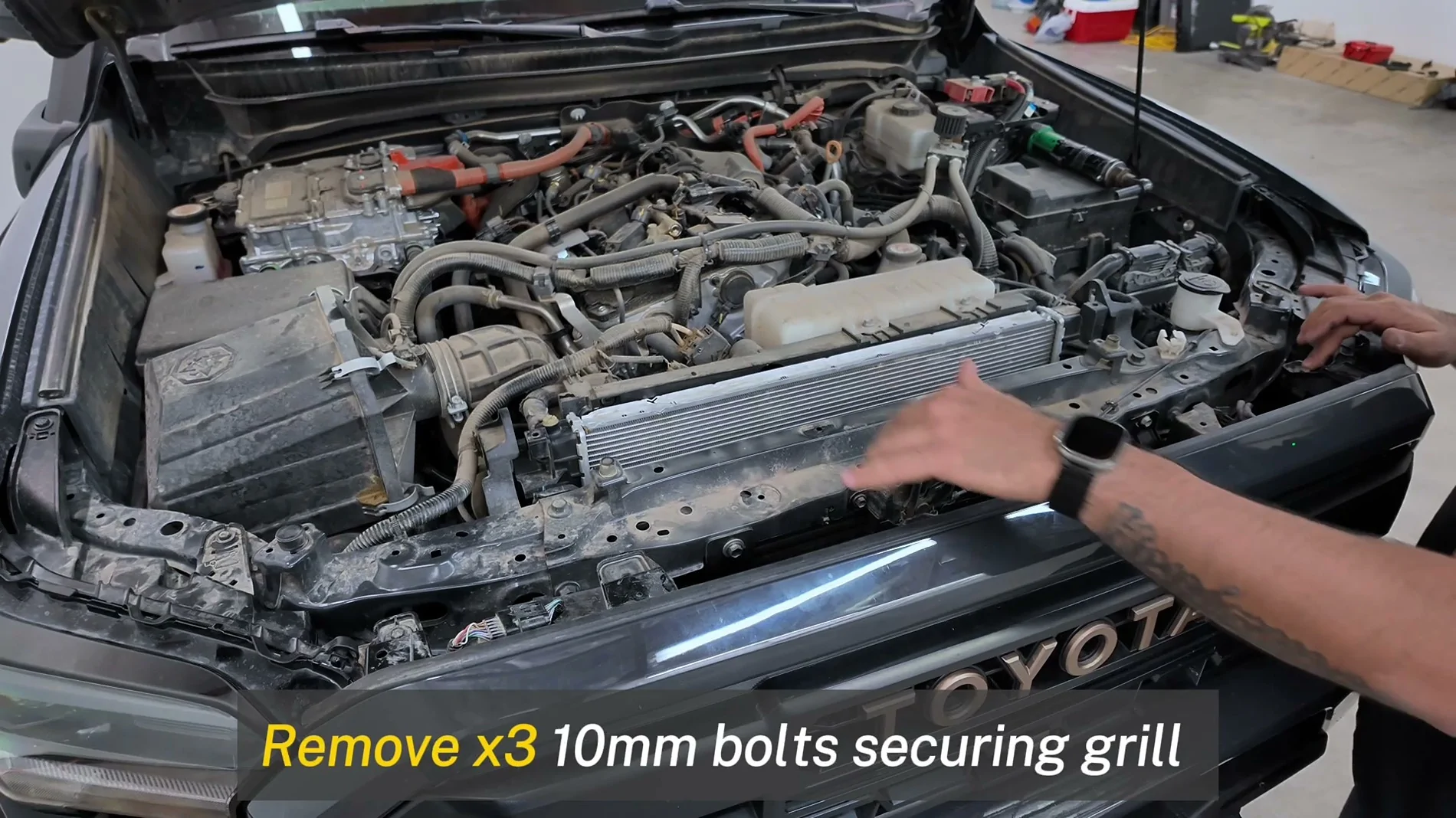 2024 Tacoma Triple-R's Linear-18 Elite+ grille kit on a Trailhunter: install, CAN bus, dual-color 07-grille-removal