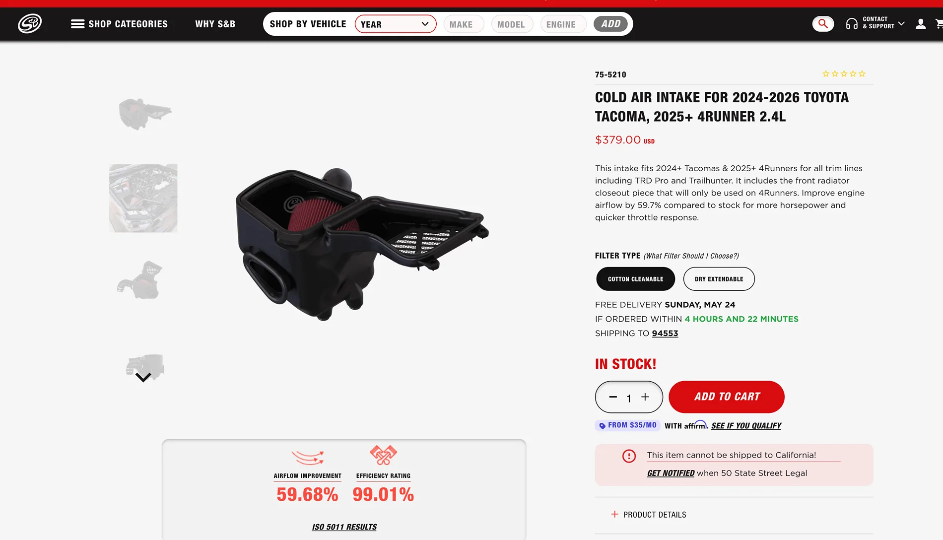 2024 Tacoma SB Filter COLD AIR INTAKE FOR 2024-2026 TOYOTA TACOMA review Screenshot 2026-05-21 at 08.07.08