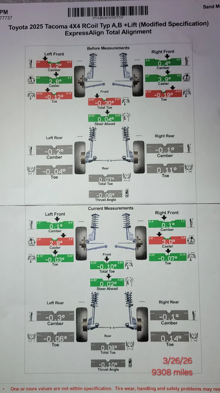 2024 Tacoma FYI Factory Alignment at 3k Miles 20260326_195926