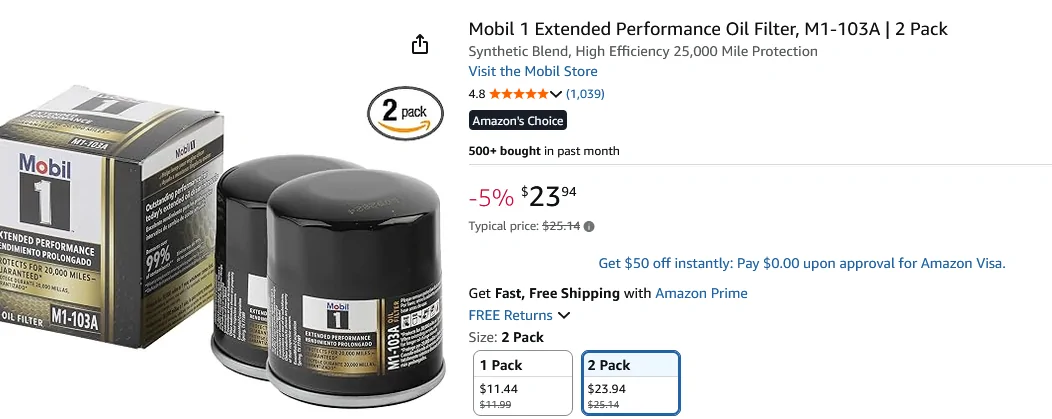 2024 Tacoma Mobil 1 Extended Performance Oil Filter, M1-103A | 2 Pack $24 2fer2026-10-05 081414