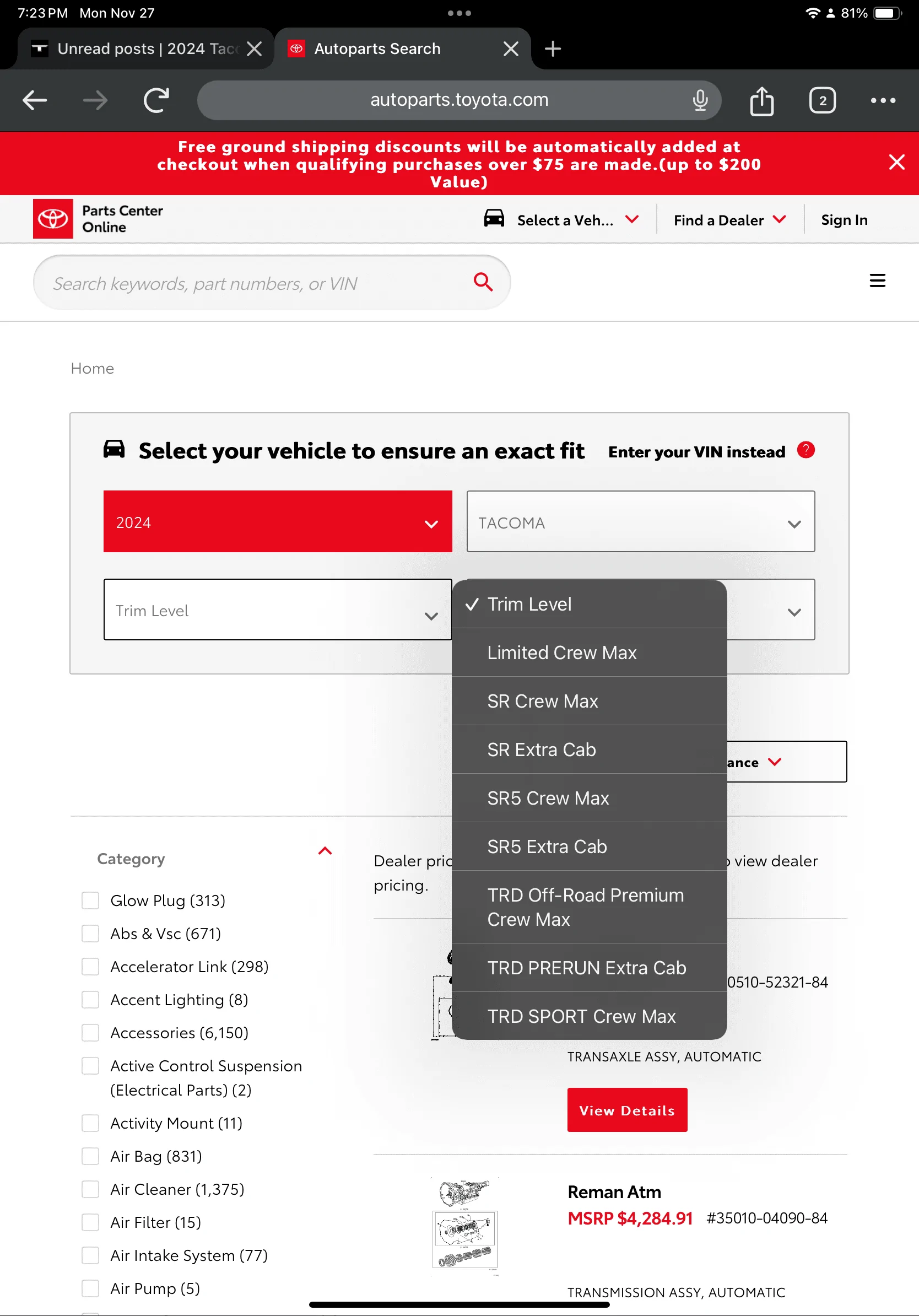 2024 Tacoma Genuine Parts Site Shows 24 Models. No parts yet IMG_0031