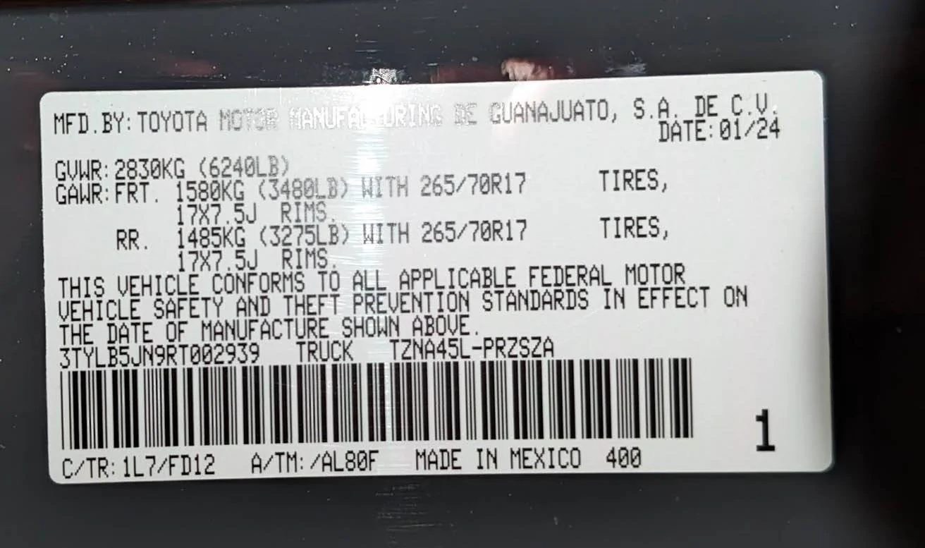 2024 Tacoma Door Sticker Thread (GVWR / Payload / Tire and Loading Figures Label). Post Yours Up 2024 tacoma door sticker jam label max payload gvwr 1
