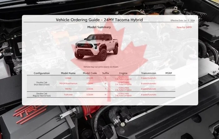 2024 Tacoma Ordering Guide for Canada [Updated w/ Tacoma HYBRID i-Force MAX Models & Specs - Trailhunter, TRD Pro, Off-Road Premium, Limited]