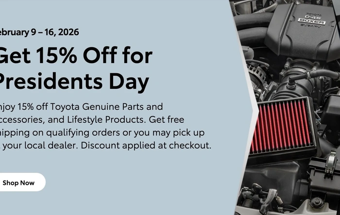 Toyota OEM Parts sale 15% off until 2/16/26 (Presidents Day Sale)