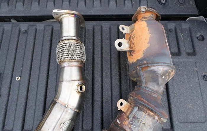 OEM downpipe vs. OTT High Flow Catted Down Pipe - side by side comparison